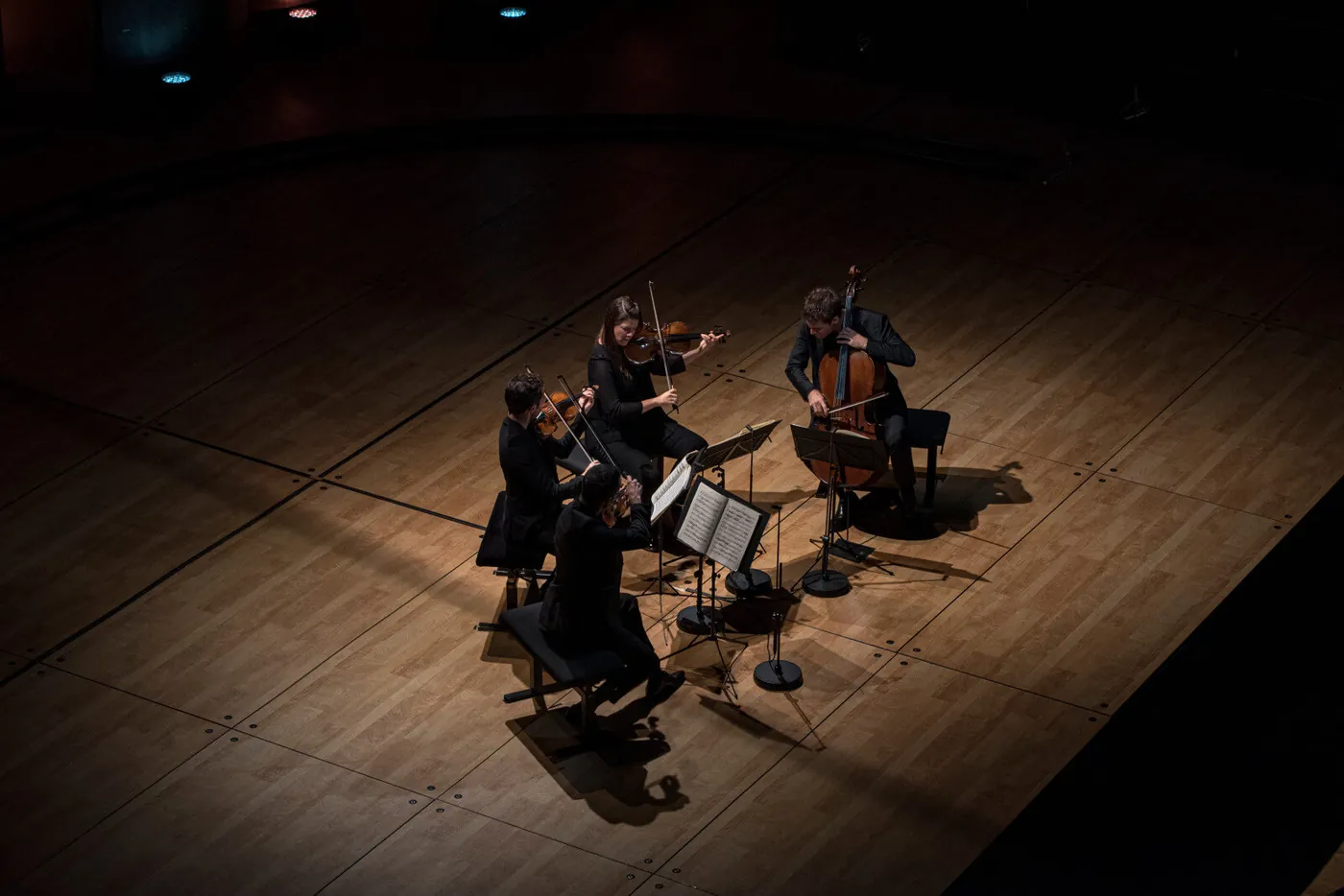 Quatuor à cordes jouant sur une scène plongée dans la pénombre